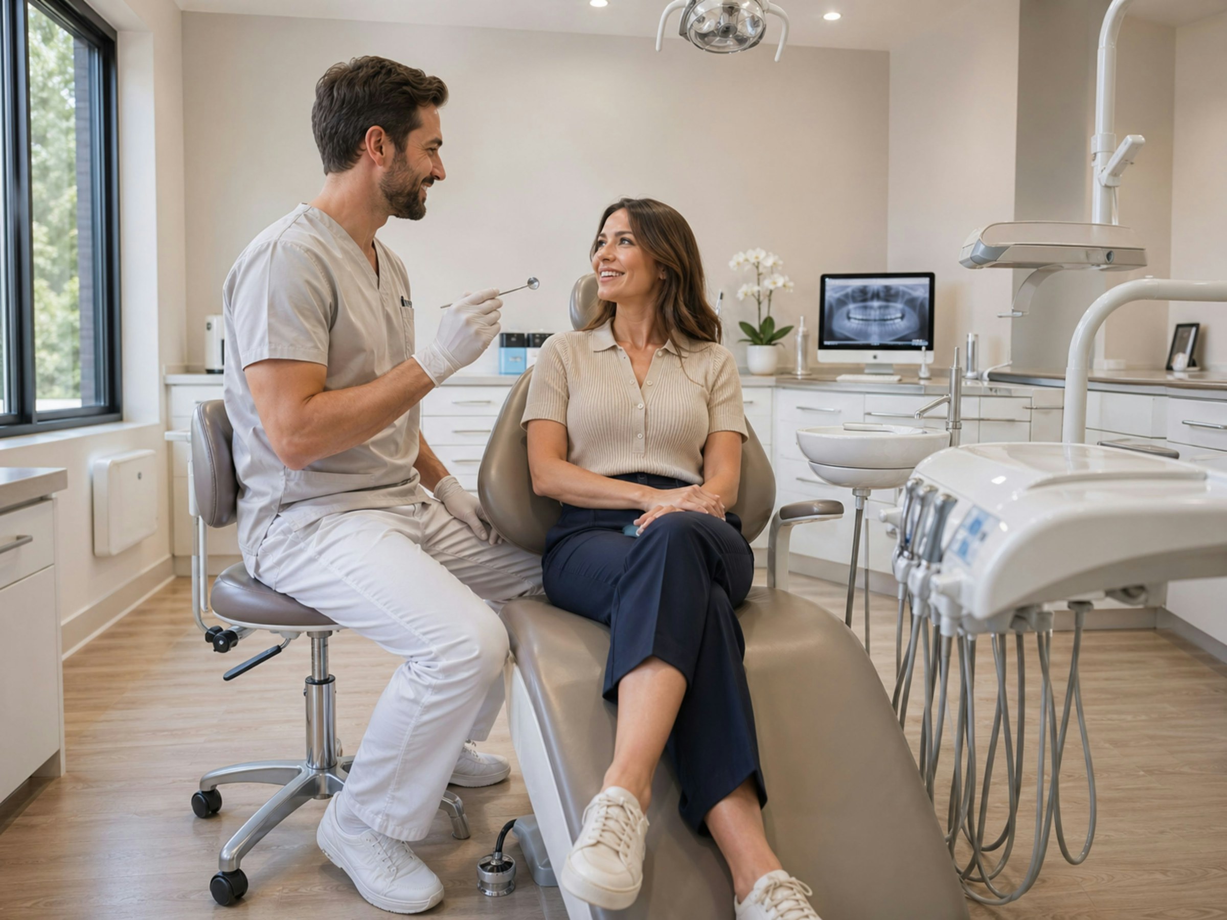 Dentist talking with a smiling patient in a modern dental office